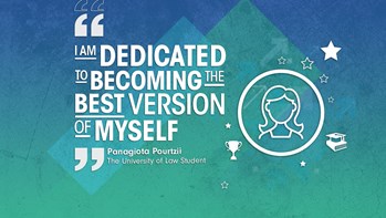 Green and blue banner with quote from student Panagiota 'I am dedicated to becoming the best version of myself'.