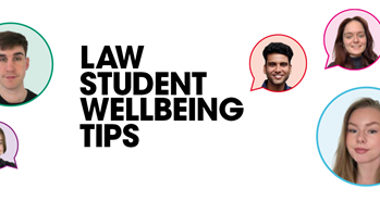 Speech bubbles filled with photos of law students
