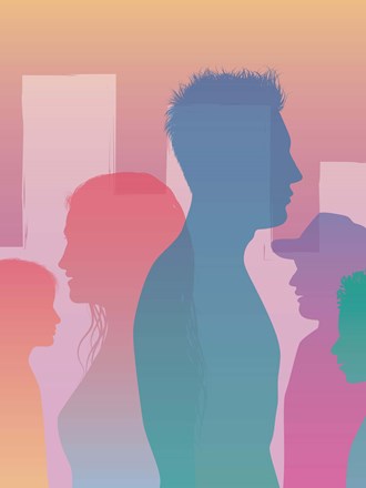 Silhouettes of people on a colourful background
